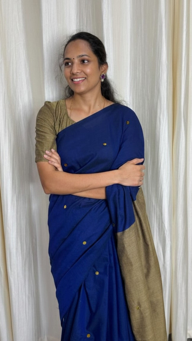 Royal Blue & Muted Gold Double-Shade Khadi Cotton Saree