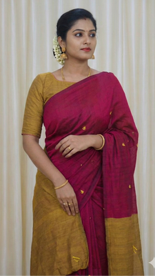 Magenta Pink & Mustard Double Shade Khadi Cotton Saree