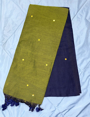Olive Green & Navy Blue Khadi Cotton Saree