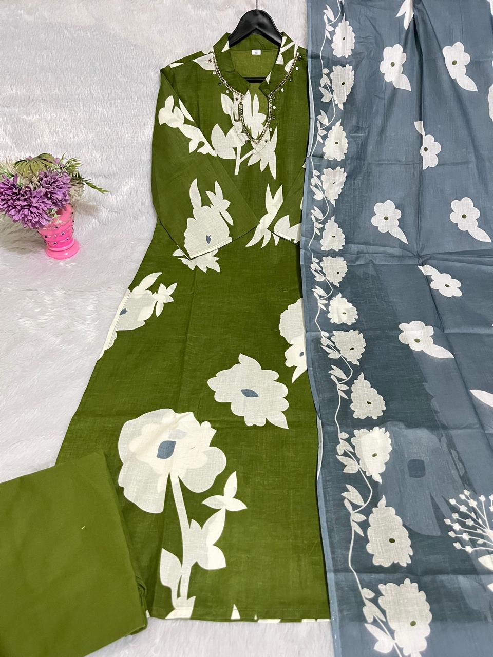 Cotton Printed Designer Kurti Pant Dupatta